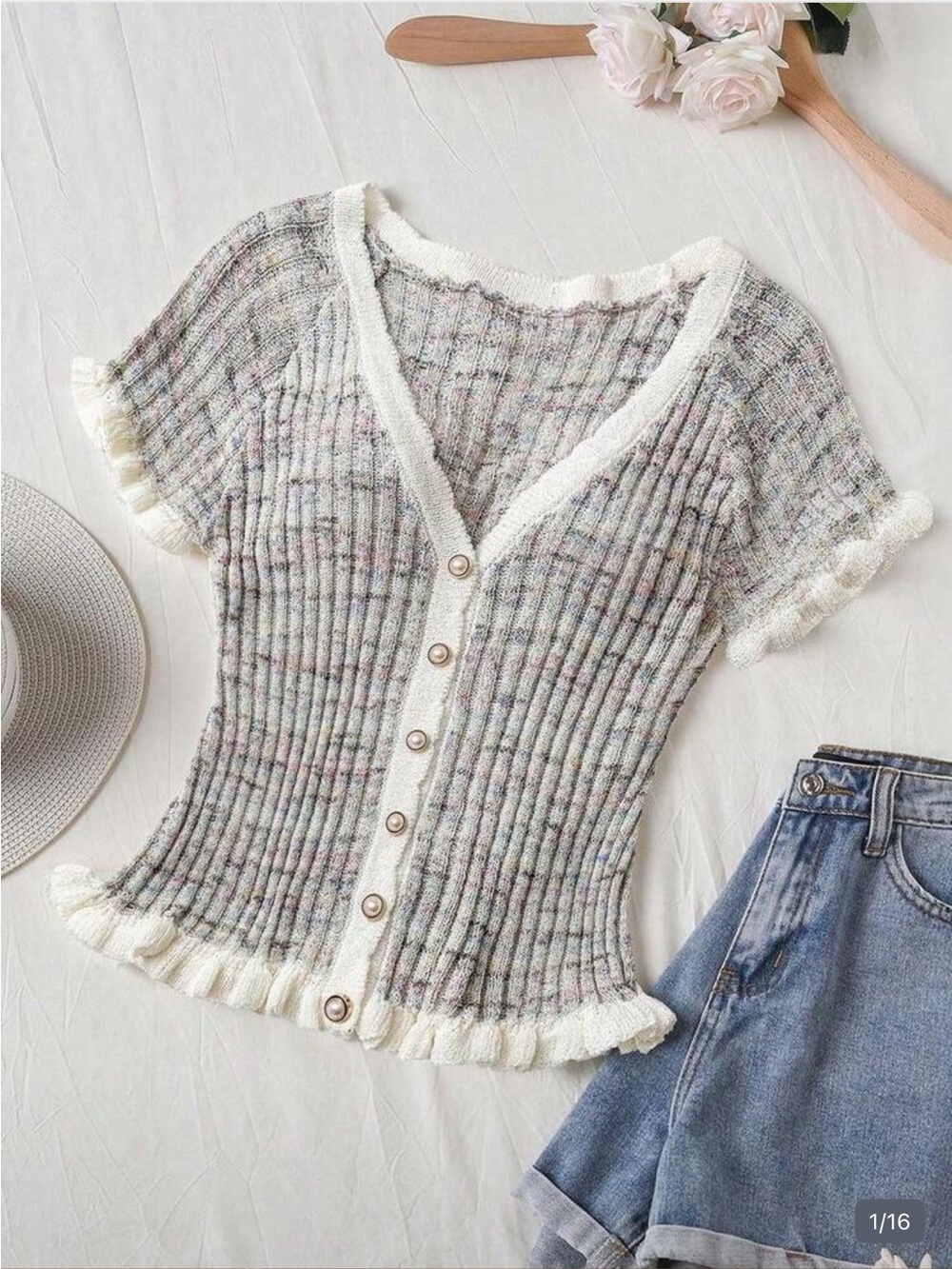 New no tags SHEIN Cream Speckled Knit Cardigan with Pastel Accents. M